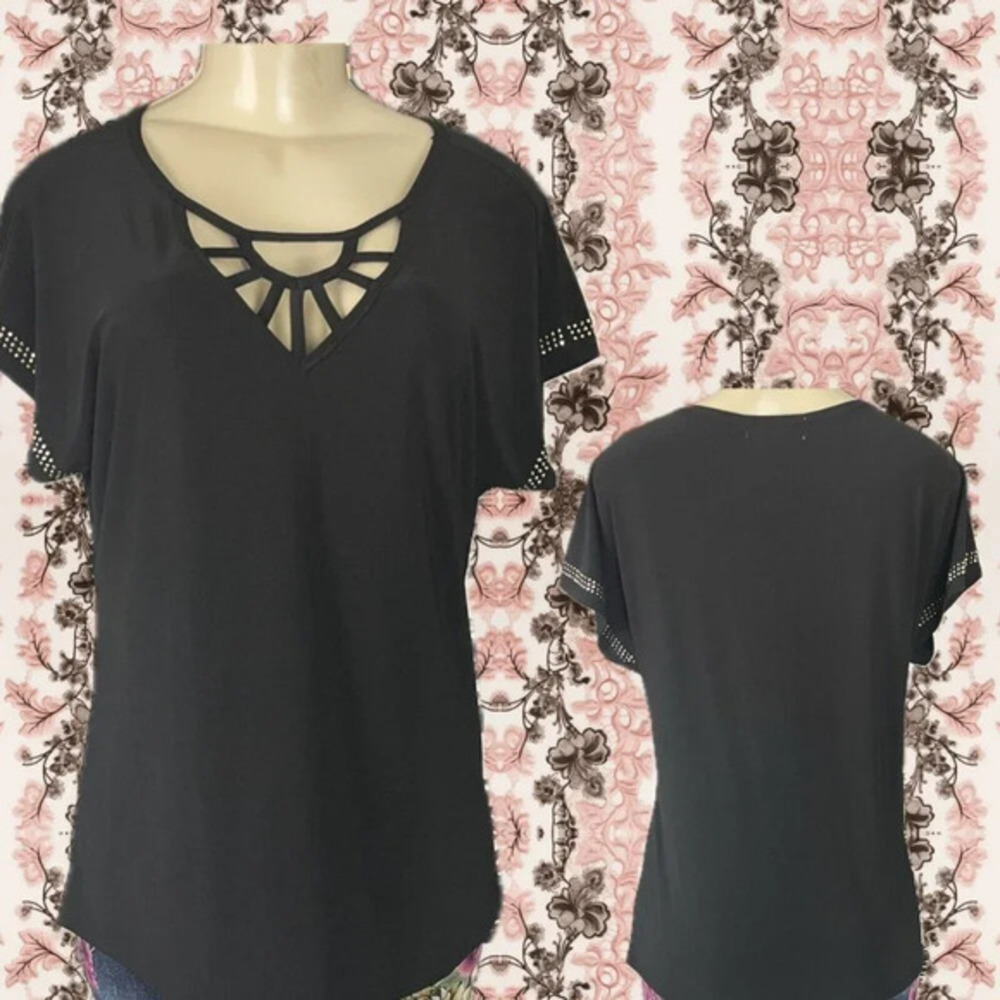 Diana Belle XL Black Caged Neckline Studded Accent Short Dolman Sleeve Top